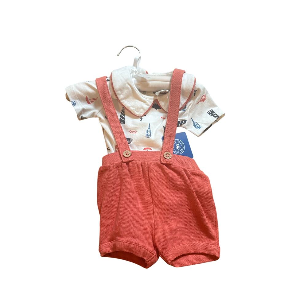 Caribbean Joe Baby 3-6M Outfit Suspender Shorts Shirt Set NWT Coral